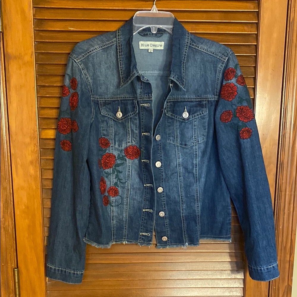 Women's Denim Jacket with Red Floral Embroidery